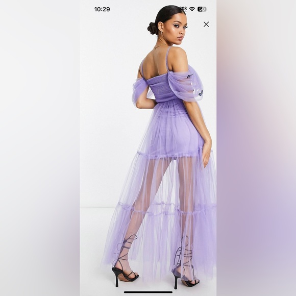 Lace & Beads Petite sheer corset 3D embroidered dress in lilac - Picture 2 of 3